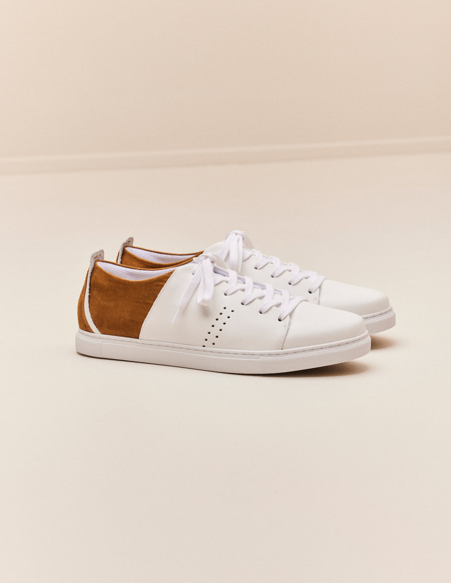 Baskets basses Rene Cuir blanc et velours cotele beige