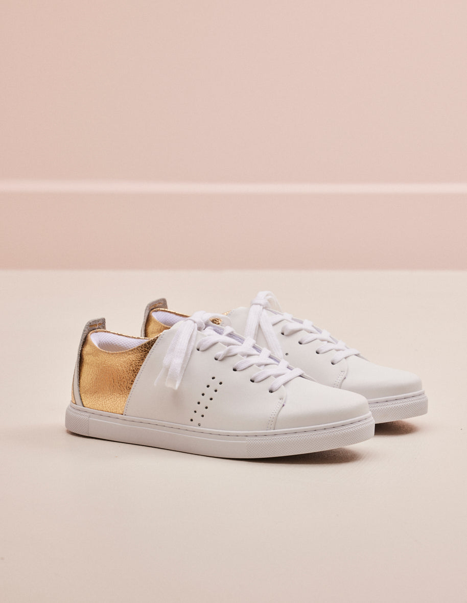 Baskets basses Renee Cuir Blanc Craquele Dore