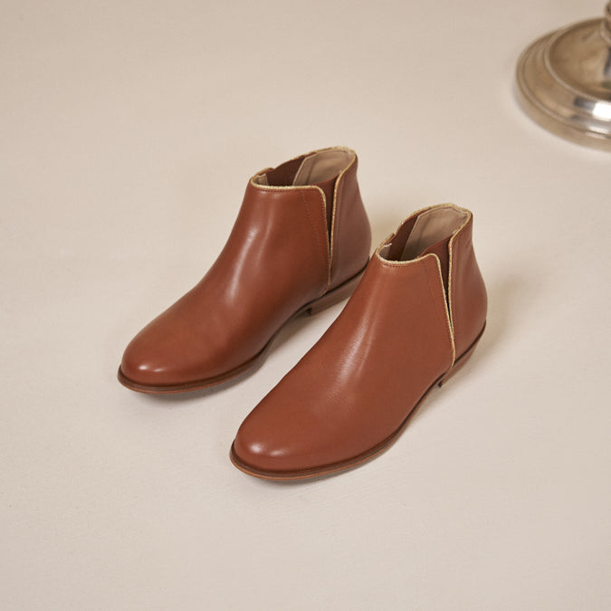 Bottines plates Jeanne B - Cuir cognac et doré