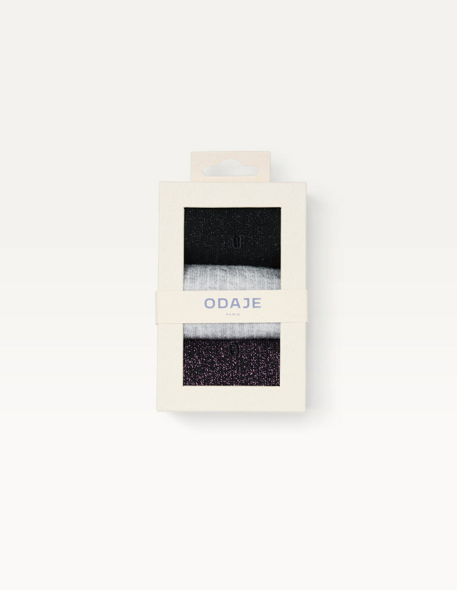 Pack de 3 Chaussettes - Côtelé froufrou noir violet argenté