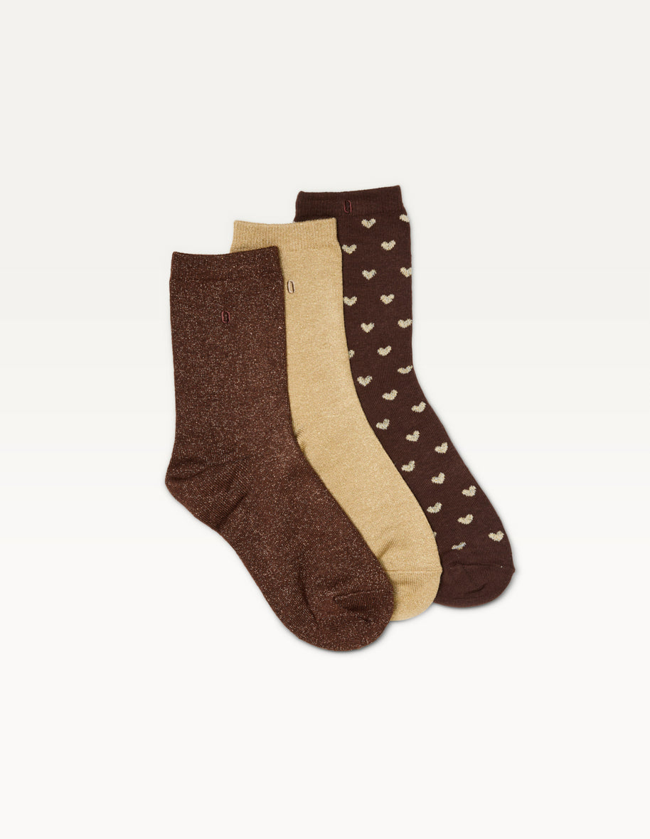 Pack de 3 Chaussettes - Fantaisie petit coeur doré marron