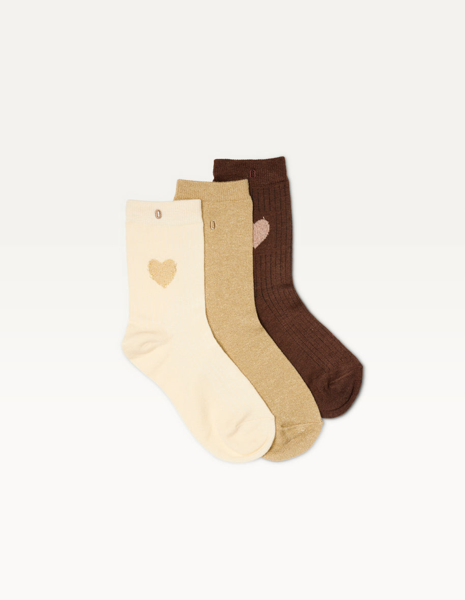 3-Pair Sock Pack - Heart Print Brown, Gold, and Ecru