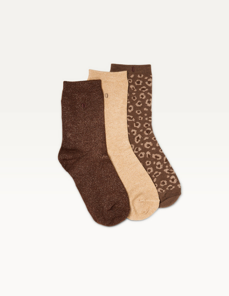 Pack de 3 Chaussettes - Fantaisie paillettes et léopard marron doré