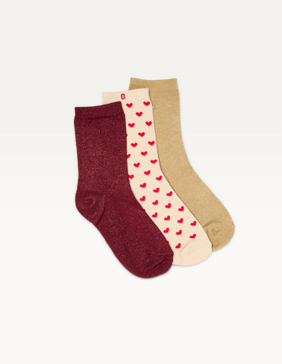 Pack de 3 Chaussettes - Fantaisie petit coeur bordeaux doré