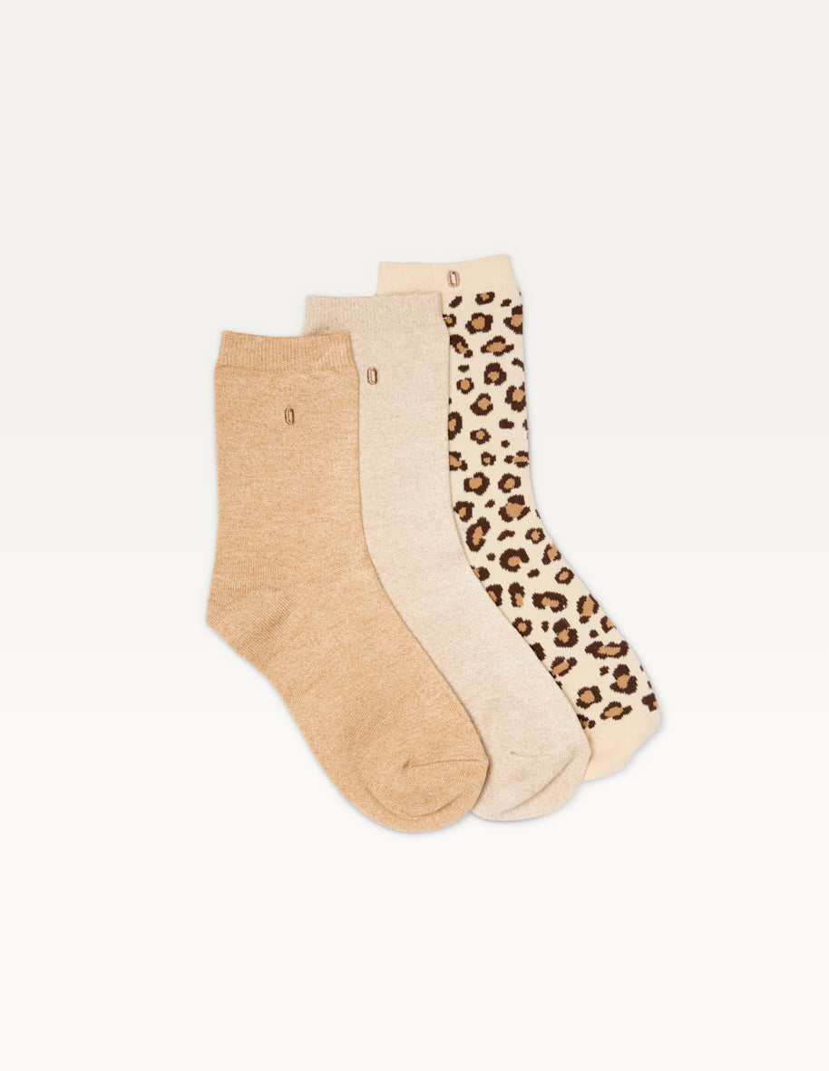 3-Pair Sock Pack - Glitter and Leopard Print Beige