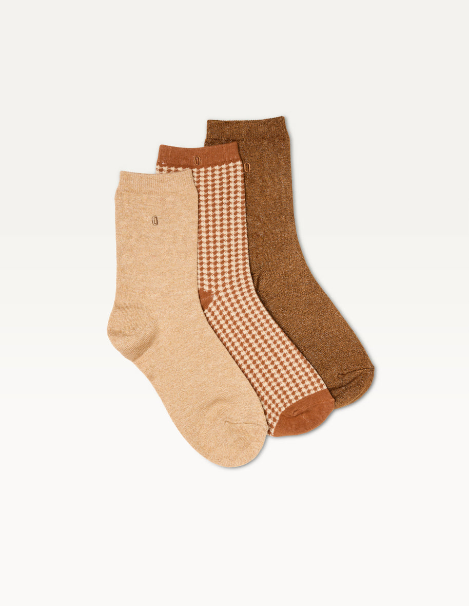 Pack de 3 Chaussettes - Paillettes et pied-de-poule marron