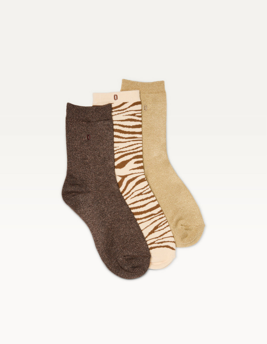 Pack de 3 Chaussettes - Fantaisie paillettes et zèbre marron doré