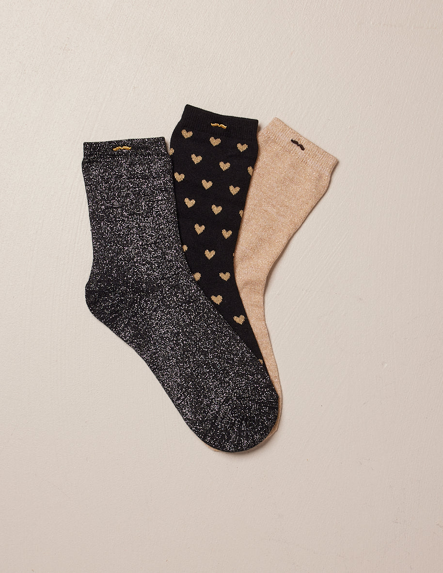 Pack of 3 Socks - Fancy little heart black gold