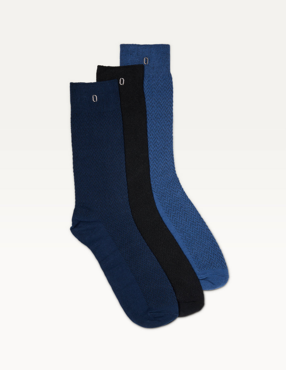 Pack of 3 Socks - Black, Navy, and Blue Herringbone Patterned