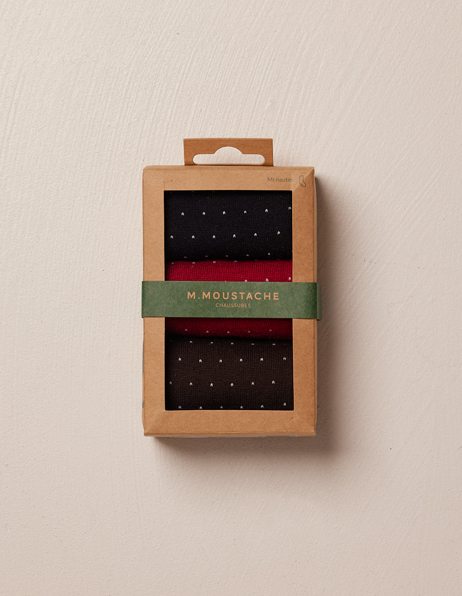 Pack de 3 Chaussettes - Pois Bleu, Rouge et Marron