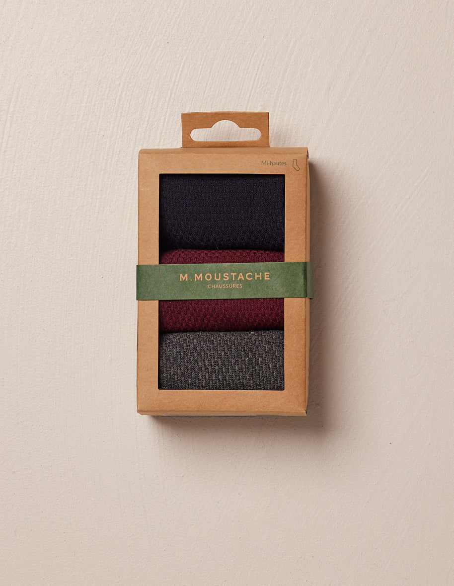 Pack de 3 Chaussettes - Gaufré Marine, Bordeaux et Gris Homme