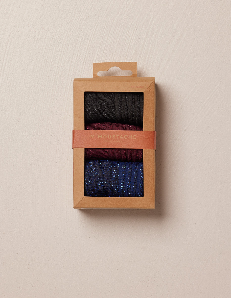 Pack of 3 socks - Black ribbed, burgundy and blue