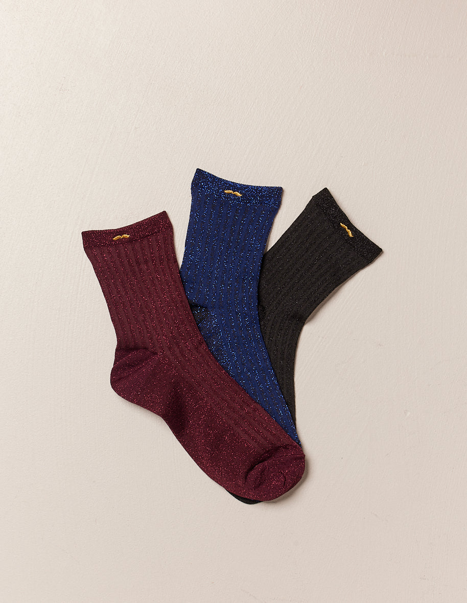 Pack of 3 socks - Black ribbed, burgundy and blue