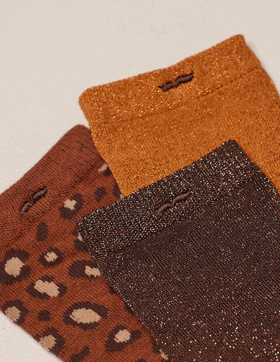 Pack de 3 Chaussettes - Paillettes et léopard marron Femme