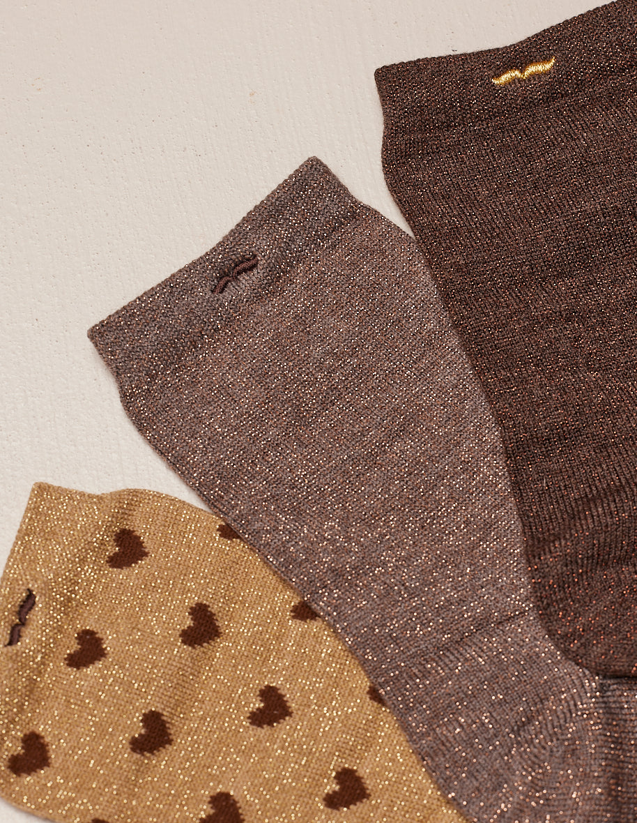 Pack de 3 chaussettes - Petit coeur Marron doré