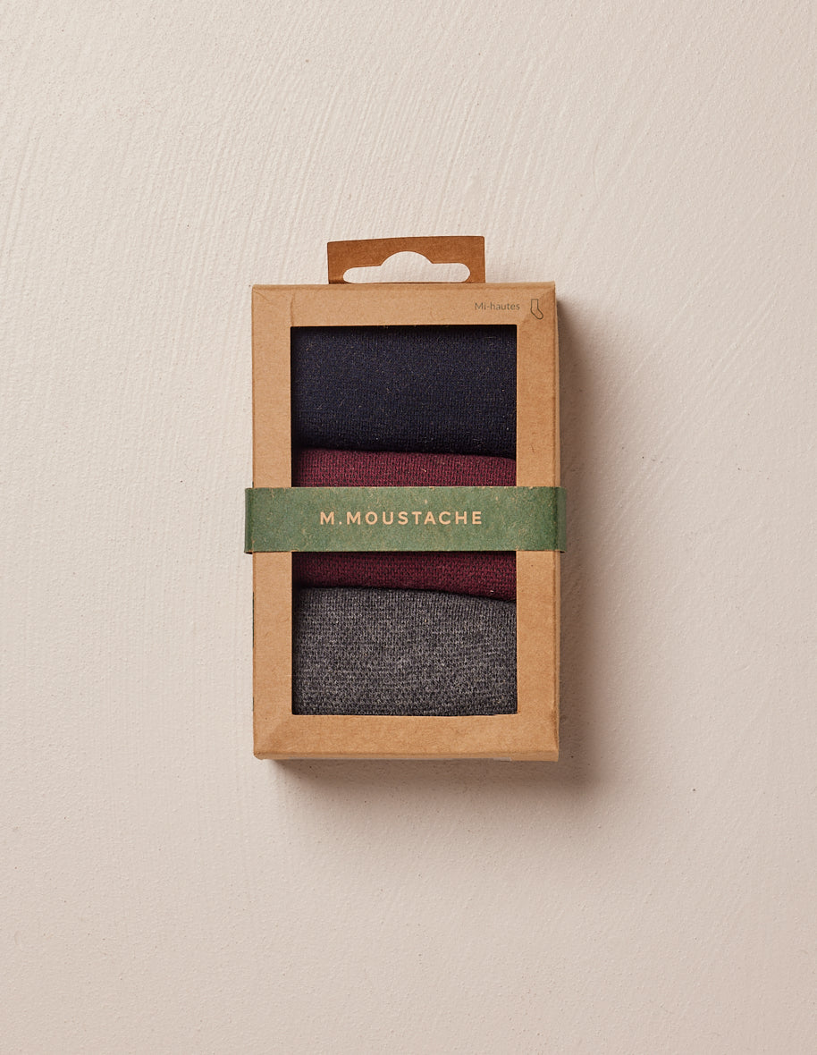 Pack of 3 Socks - New Ribbed Navy, Burgundy, and Gray