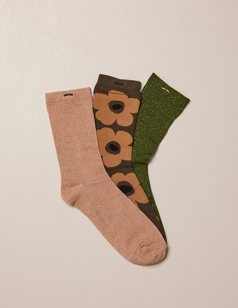 Pack of 3 Socks - Fancy flower XL gold khaki