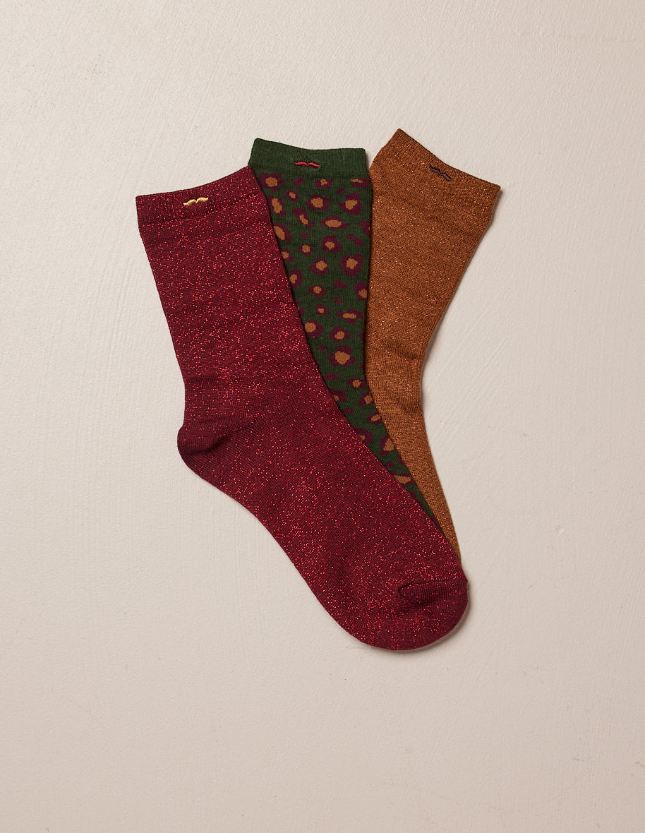 Pack de 3 chaussettes - Léopard Bordeaux vert