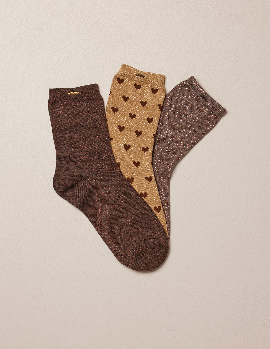 Pack de 3 chaussettes - Petit coeur Marron doré