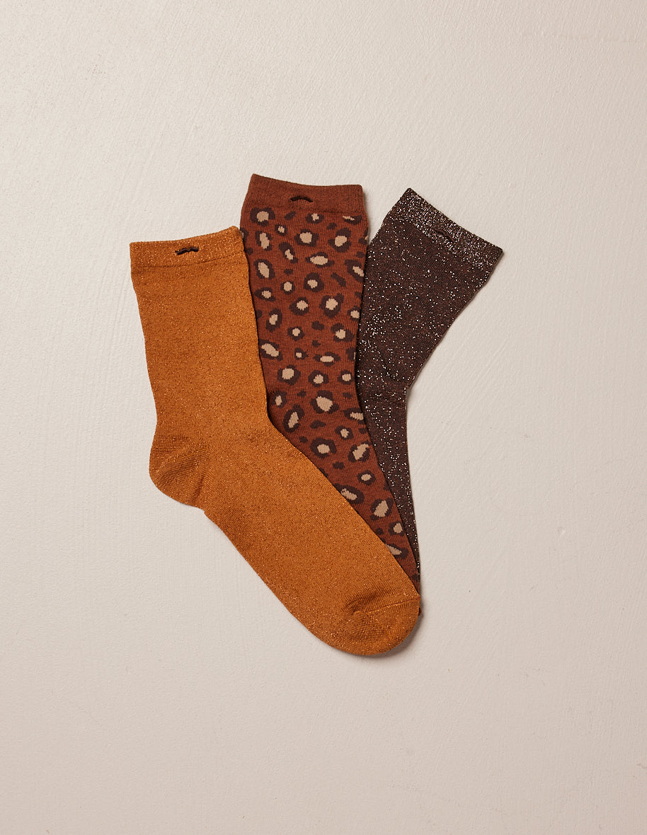 Pack de 3 Chaussettes - Paillettes et léopard marron Femme