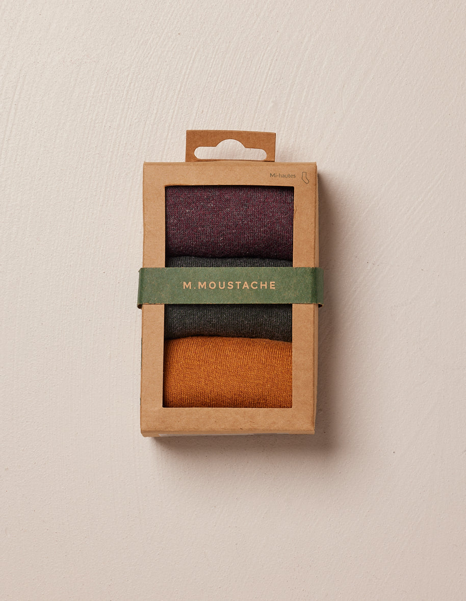 Pack of 3 socks - Bordeaux Green and mustard