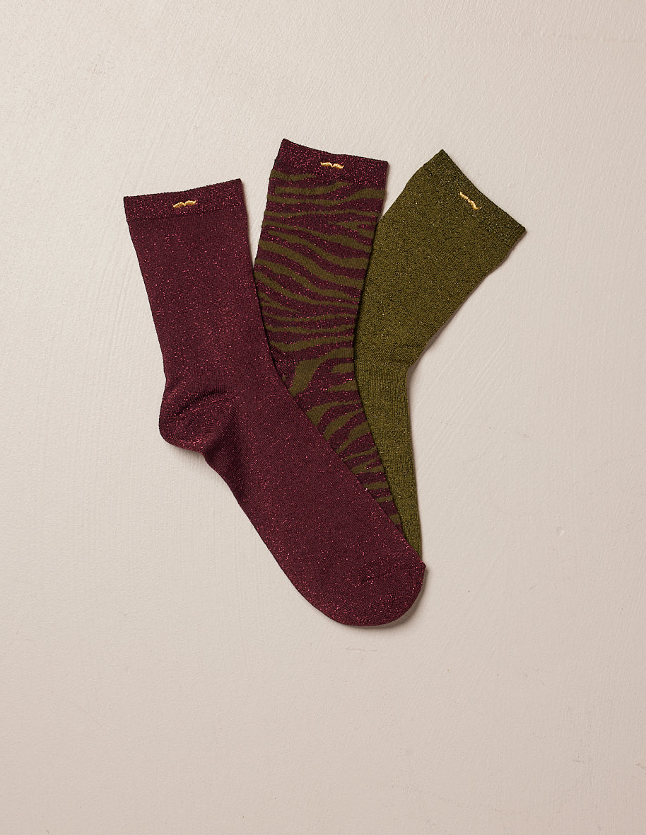 Pack de 3 Chaussettes - Fantaisie paillettes et zèbre bordeaux kaki