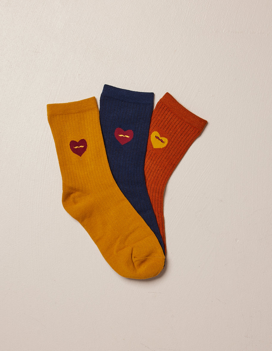 Pack of 3 socks - Fantasy Mustard Heart Marine Terracotta