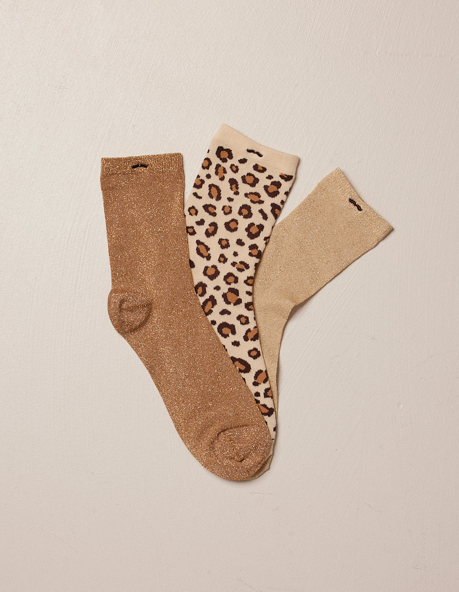 Pack de 3 Chaussettes - Fantaisie paillettes et léopard beige