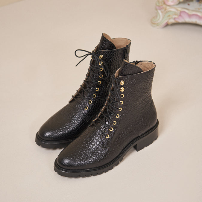 Black chunky croc embossed ankle boots best sale