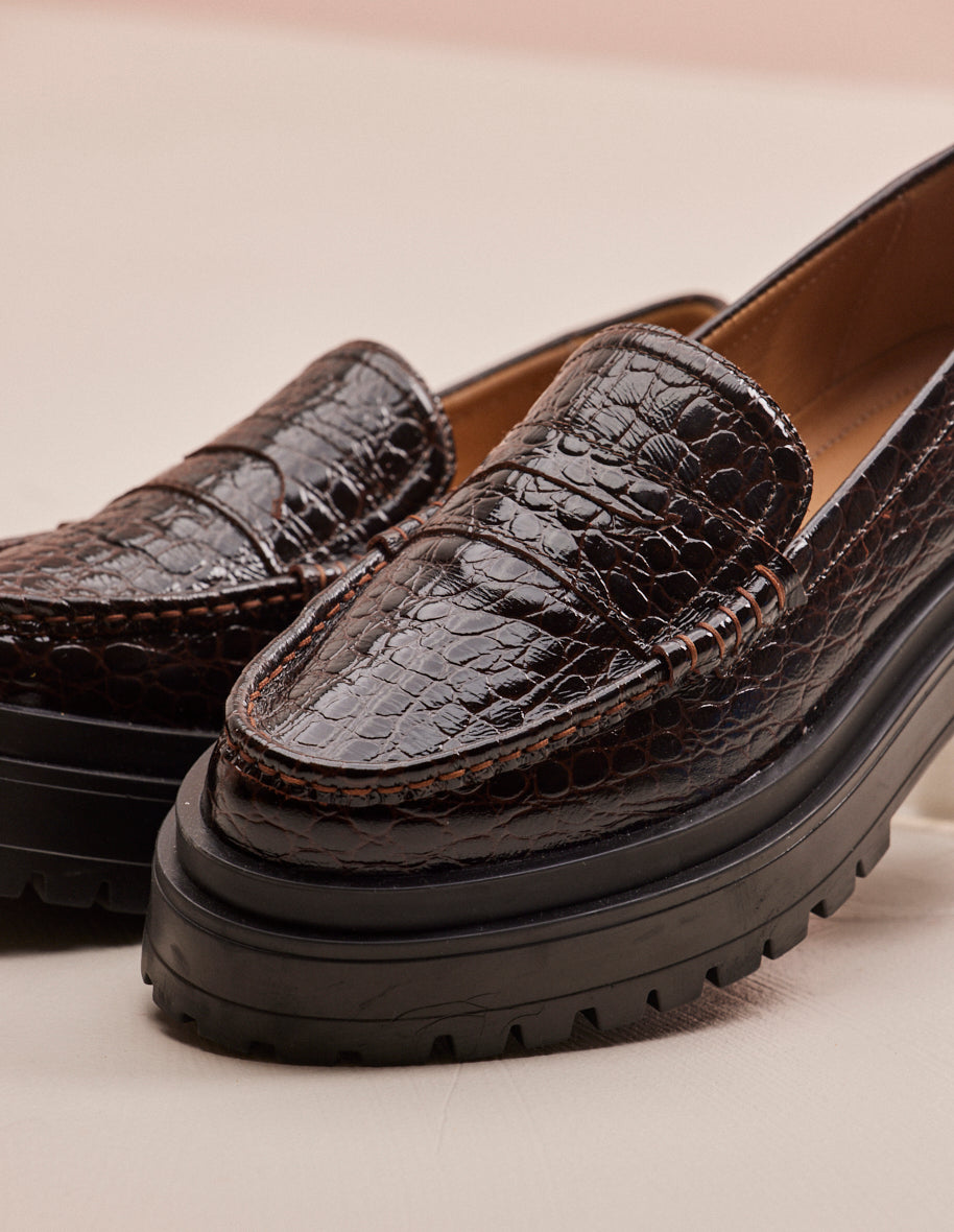 Mocassins Nadège - Cuir croco vernis chocolat