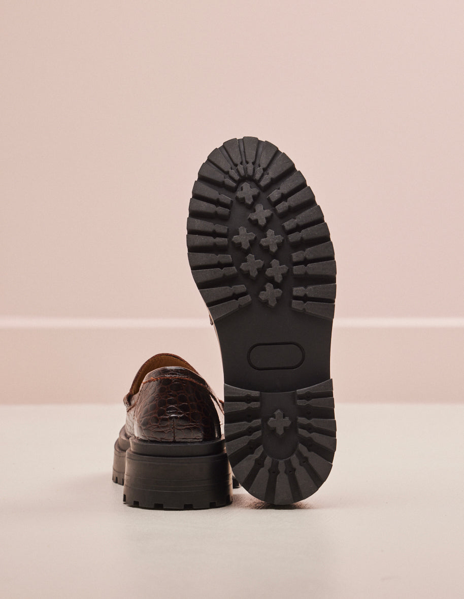 Mocassins Nadège - Cuir croco vernis chocolat