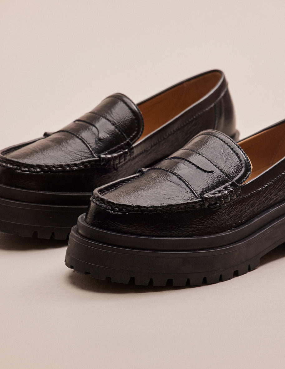 Mocassins Nadège - Cuir plissé noir