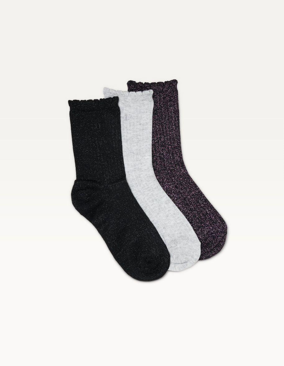 3-Pair Sock Pack - Ribbed Ruffle Black, Purple, and Silver