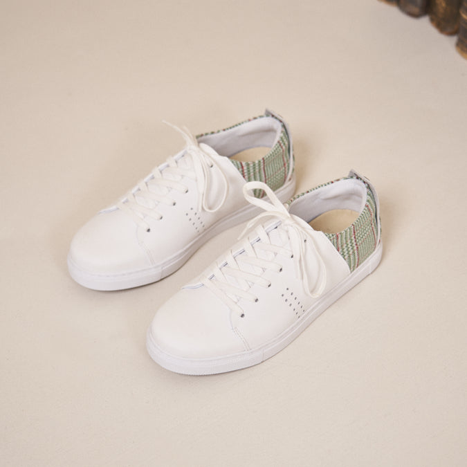 Low-top trainers Renée - White leather and green tartan