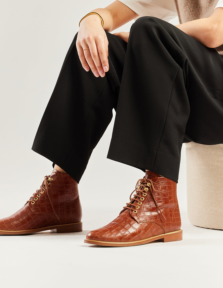 Bottines à lacets Lucienne - Cuir croco cognac