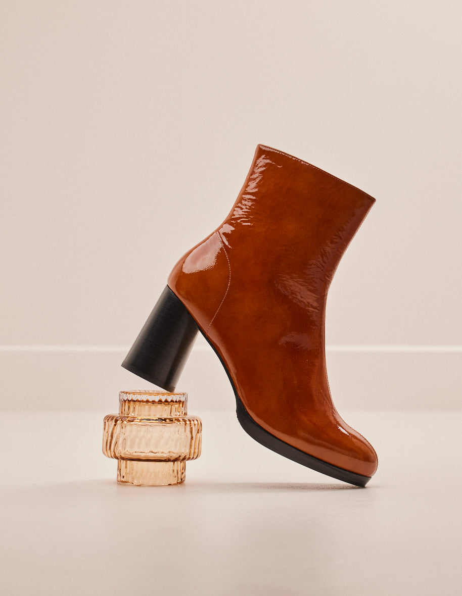 Bottines à talons Serena - Cuir plissé verni cognac