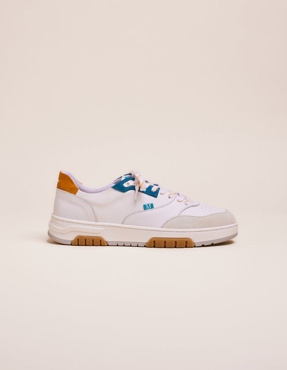 Low-top trainers Albert - White, petrol-blue and mustard leather and suede