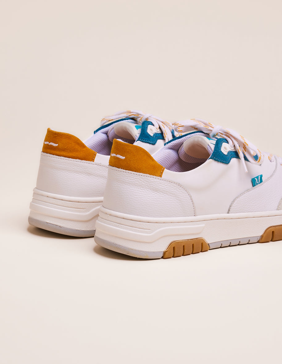 Low-top trainers Albert - White, petrol-blue and mustard leather and suede