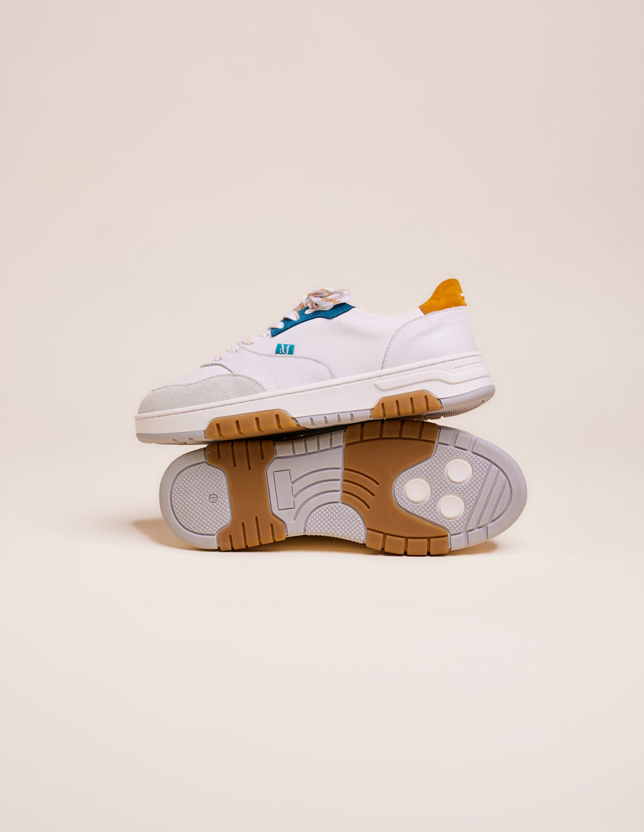 Low-top trainers Albert - White, petrol-blue and mustard leather and suede