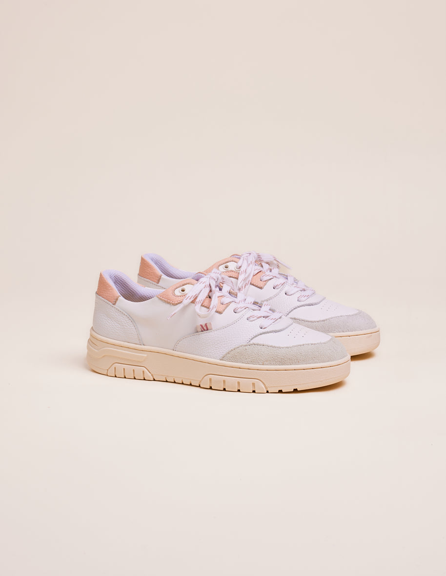 Baskets basses Albertine - Cuir et cuir grainé blanc rose clair