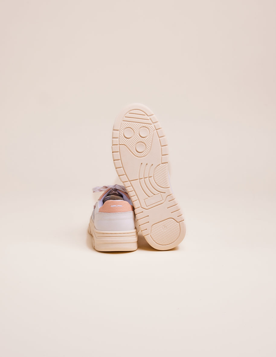 Baskets basses Albertine - Cuir et cuir grainé blanc rose clair