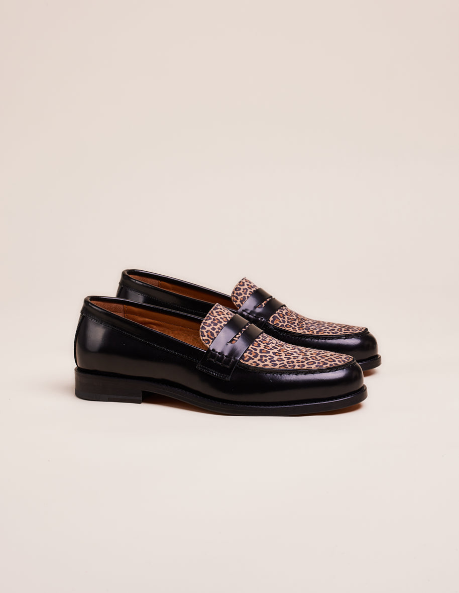 Loafers Fanny - Black and leopard box leather