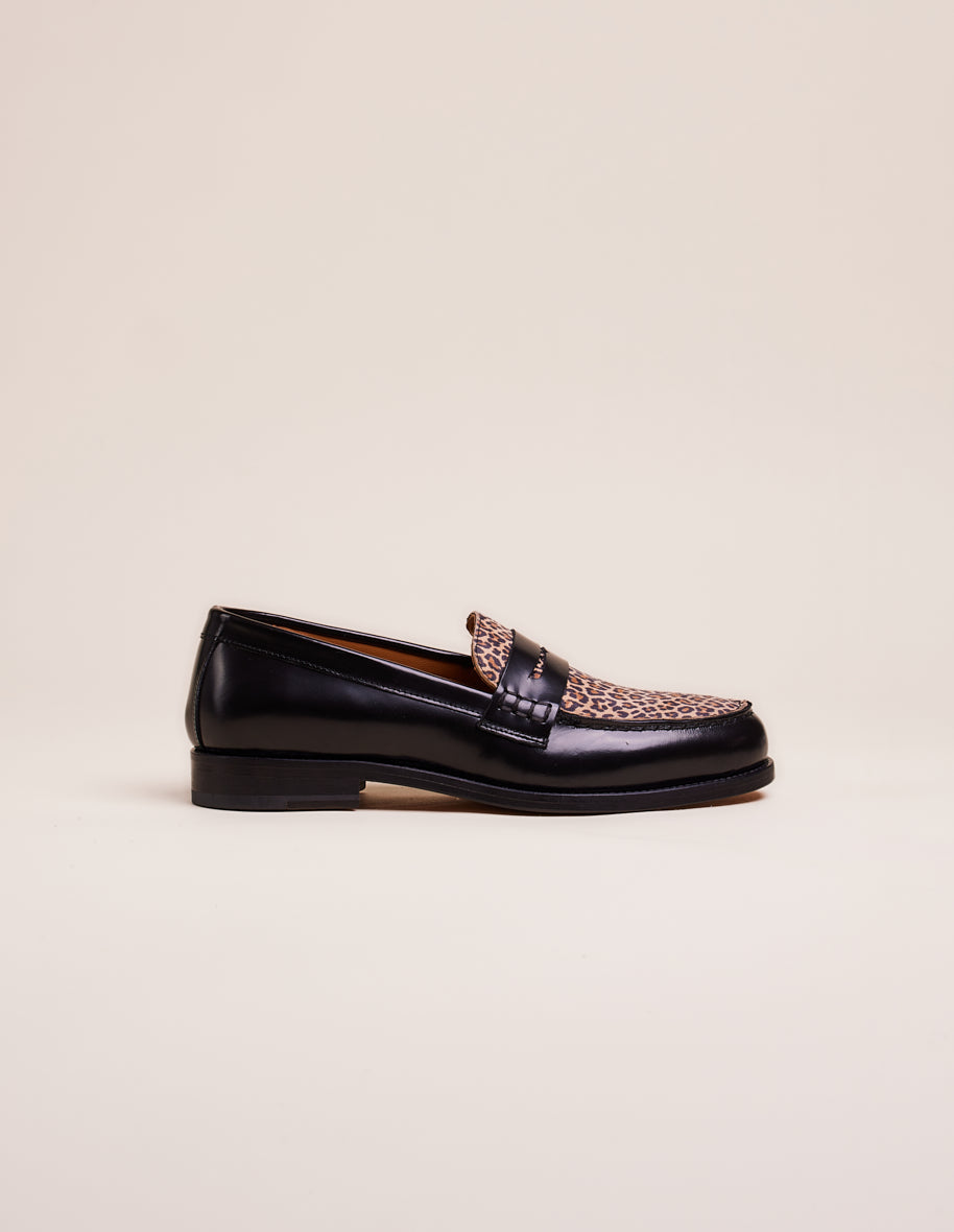 Loafers Fanny - Black and leopard box leather