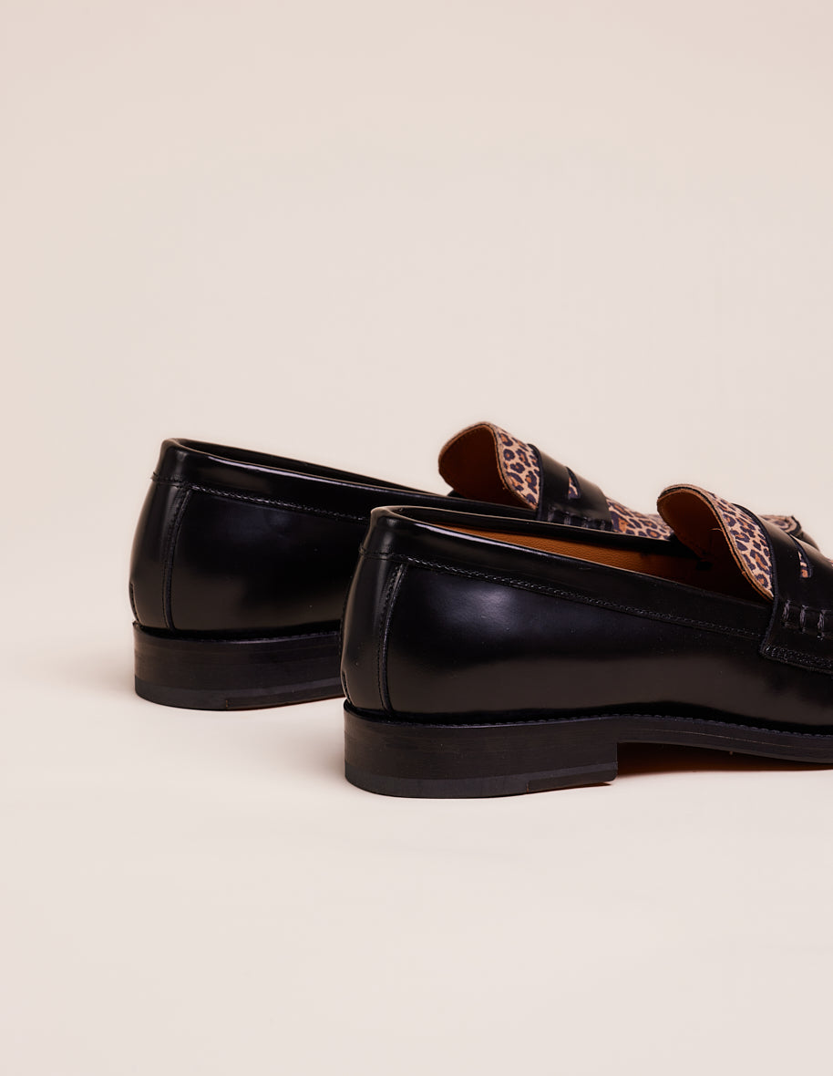 Loafers Fanny - Black and leopard box leather