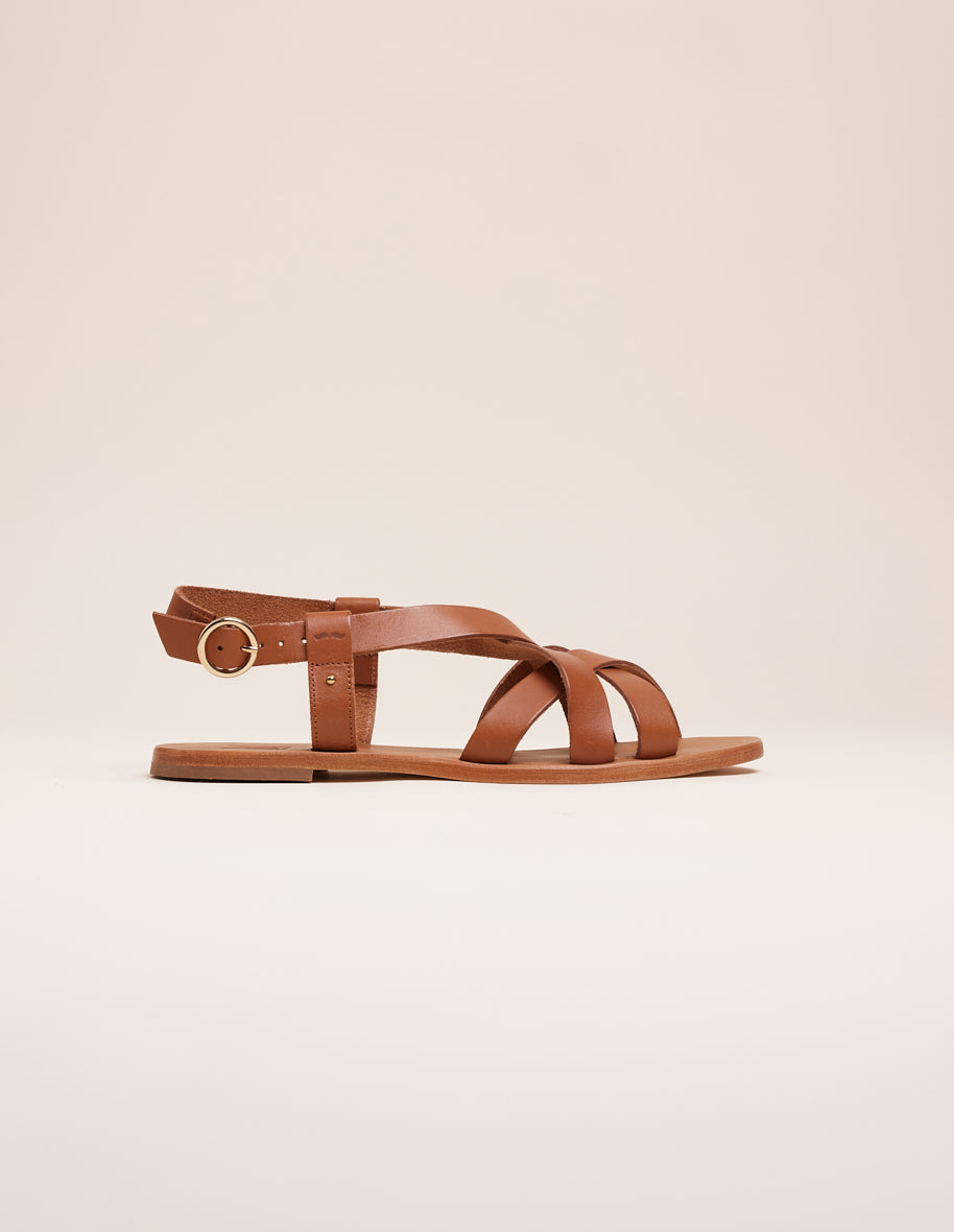 Sandales plates Lisa - Cuir camel