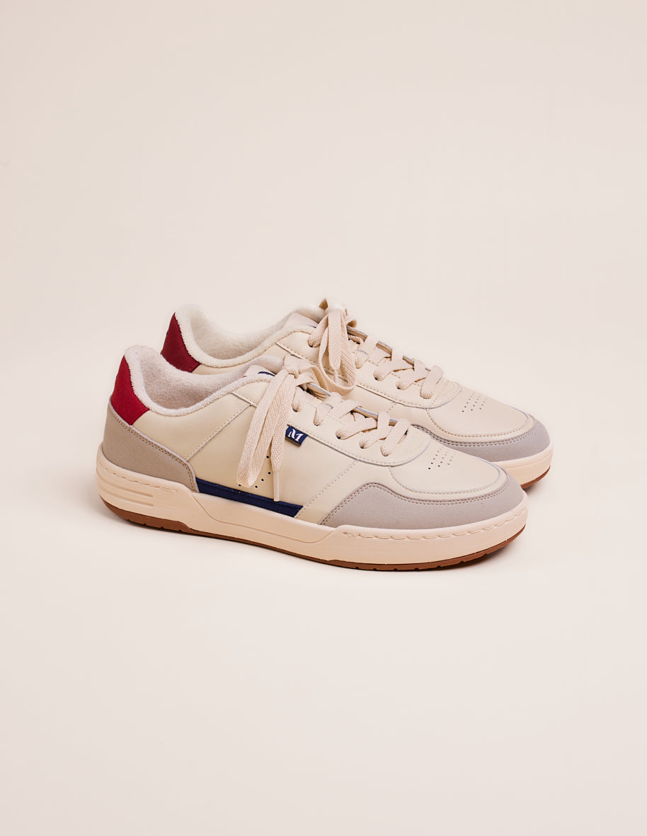 Low-top trainers Mael - Ecru, navy-blue and red recycled leather and vegan suede