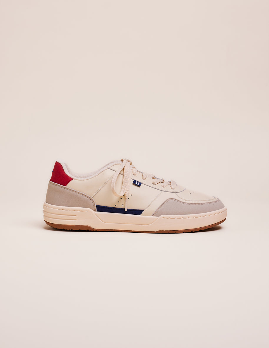 Low-top trainers Mael - Ecru, navy-blue and red recycled leather and vegan suede