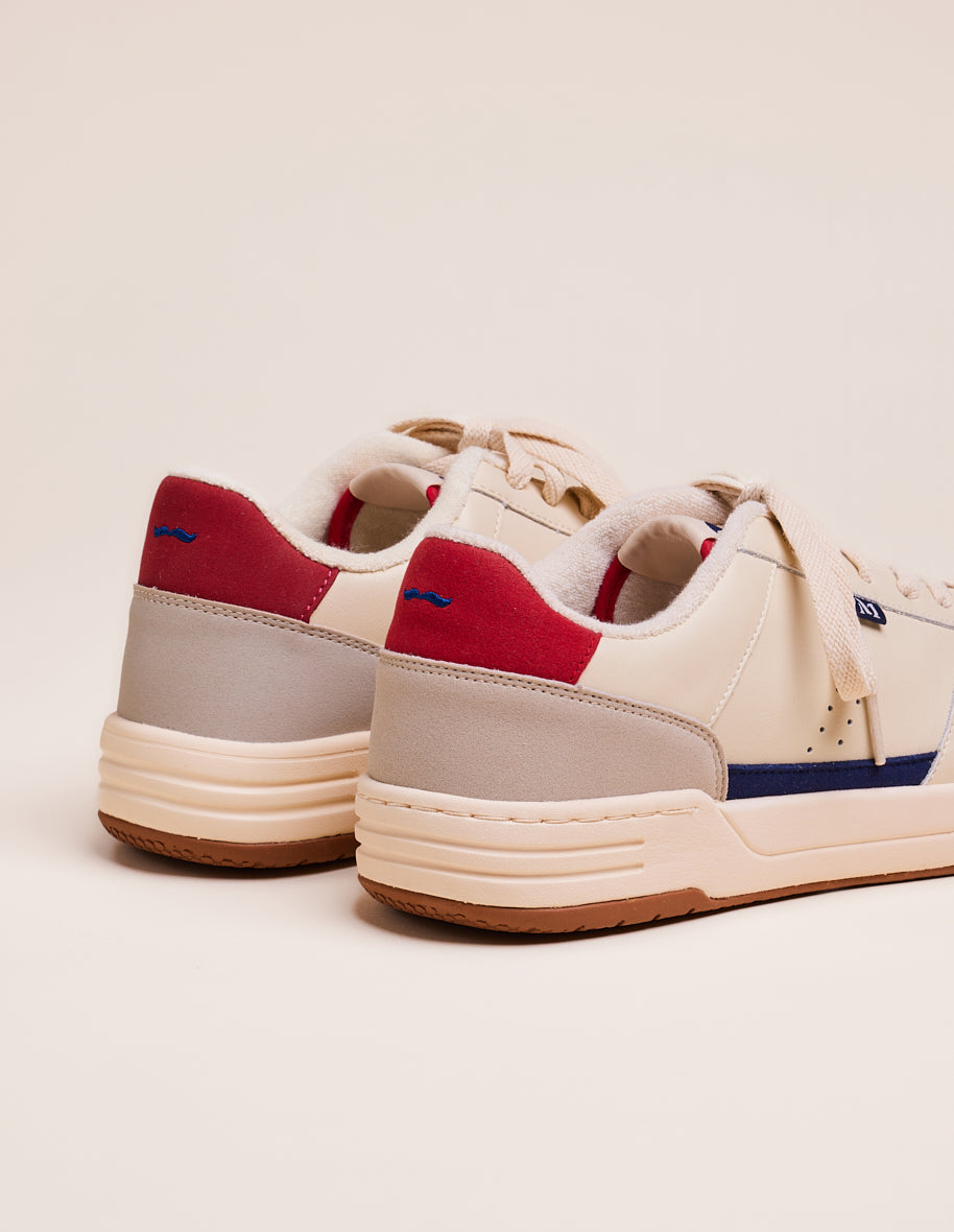 Baskets basses Mael - Cuir recyclé et suède vegan ecru marine rouge