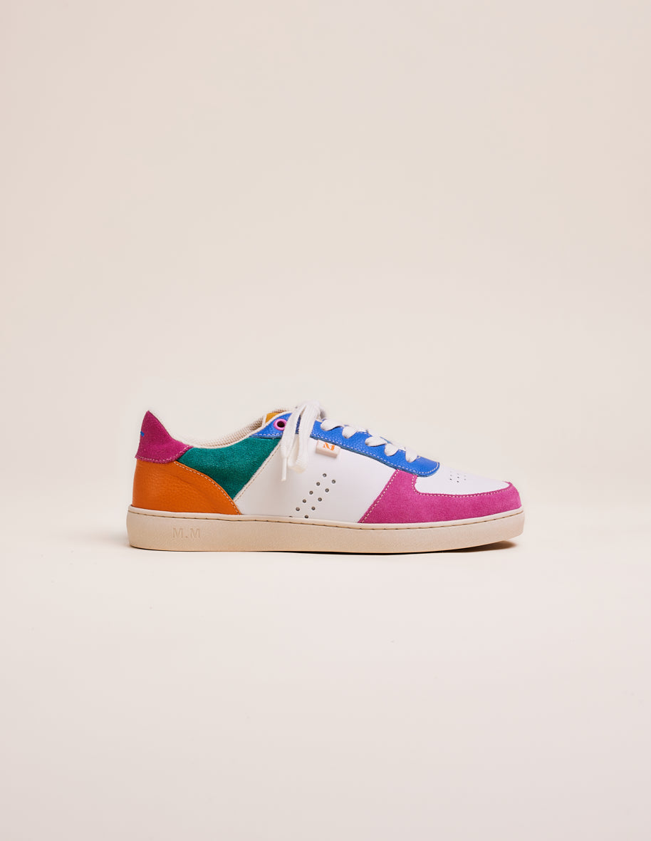 Baskets basses Marie - Suede et cuir fuchsia blanc bleu