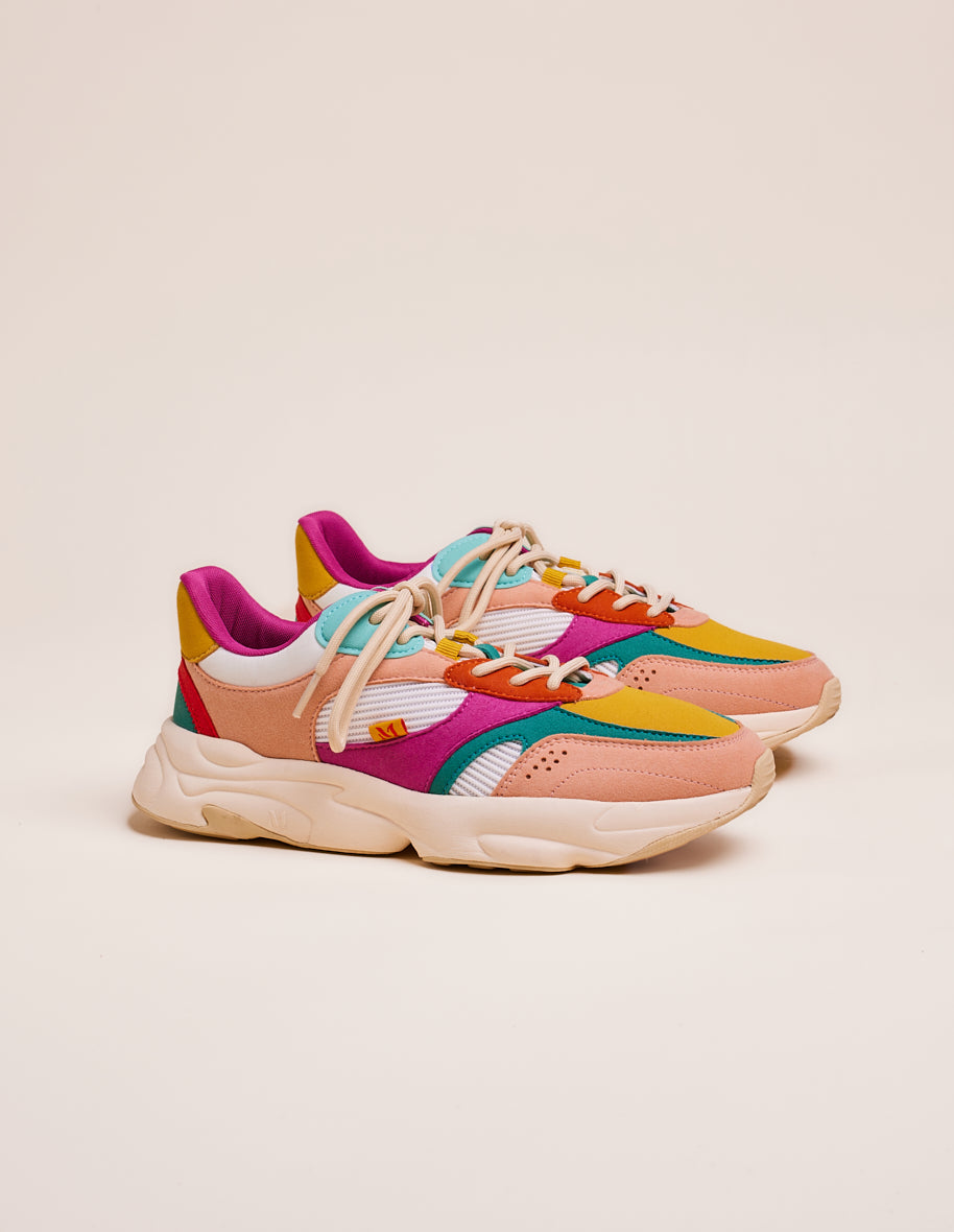 Low-top trainers Nathanaelle - Salmon, turquoise and mustard vegan suede and mesh